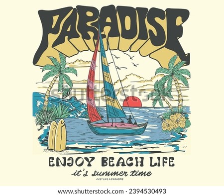 Tropical paradise. Long beach summer time print design. Beach Paradise Print t shirt graphics design, typography slogan on palm trees background. Summer beach vibes. Surfing club. secret island.