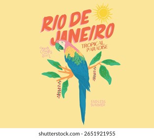 Tropical paradise. Macaw paradise artwork. Tropical vibes t shirt artwork. Rio de janeiro. Summer vibes artwork. Copacabana beach art.
