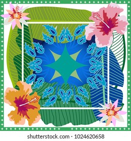 Tropical paradise motifs. Framed silk scarf with banana leaves and blooming flowers. Aloha textile collection. Green, blue and pink palette.