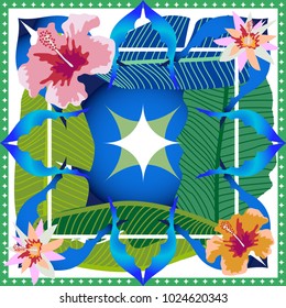 Tropical paradise motifs. Squared silk scarf with banana leaves, geometric ornament and blooming flowers. Aloha textile collection. Green, blue and pink palette.