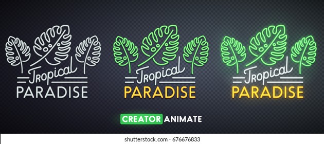 Tropical Paradise neon sign. Creator animate. Isolated logo.