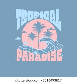 Tropical Paradise ocean waves sunset Palm tree graphic tee