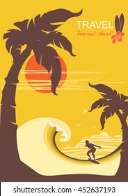 tropical paradise with palms island and man surfer.Vector background poster for text