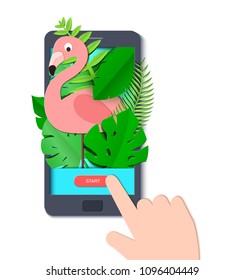 Tropical paradise paper background with leaves and exotic birds in mobile phone and hand. Flamingo look out over the thickets of the jungle from screen. Vector card illustration in paper art style