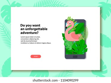 Tropical paradise paper background with leaves and exotic bird in mobile phone. Flamingo look out over the thickets of the jungle from screen. Vector card illustration in paper art style Page template