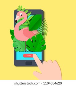 Tropical paradise paper background with leaves and exotic birds in mobile phone and hand. Flamingo look out over the thickets of the jungle from screen. Vector card illustration in paper art style