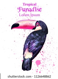 Tropical paradise parrot bird watercolor Vector. Paint splash colorful background