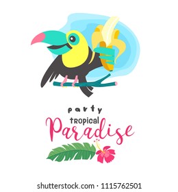 A tropical Paradise party. Cheerful Toucan sits on a tree branch and holds a banana. Bright summer illustration, invitation to the party.