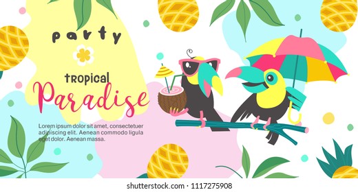 A tropical Paradise party. Colorful vector illustration, invitation to a party. Two cheerful toucans are sitting on a tree. One Toucan in sunglasses holds a coconut cocktail. The second Toucan holds a