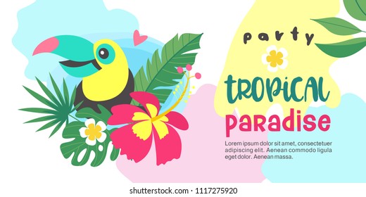 A tropical Paradise party. Colorful vector illustration, invitation to a party. Illustration in tropical style. Funny Toucan sits among tropical flowers and leaves.