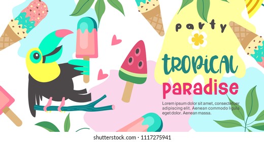 A tropical Paradise party. Colorful vector illustration, invitation to a party. Illustration in tropical style. Funny Toucan sits on a tree branch and holds ice cream.