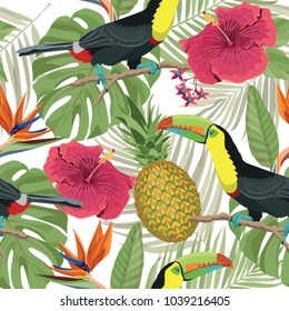 Tropical paradise pattern. Tropical background. Hawaii seamless pattern. Tropical flowers texture. Exotic flowers and birds wallpaper