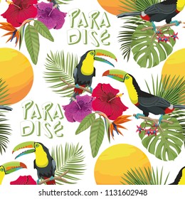 Tropical paradise pattern. Tropical background. Hawaii seamless pattern. Tropical flowers texture. Exotic flowers and birds wallpaper