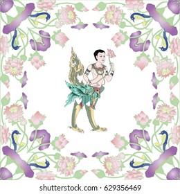 Tropical Paradise Pattern. Exotic Floral Design Pattern with Magic Man-bird Kinnaree. Thai Mythical being.
