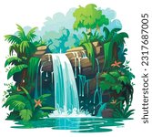Tropical paradise, picturesque waterfall hidden within a lush rainforest, with vibrant green foliage, cascading water, and rays of sunlight peeking through the canopy. Vector Illustration