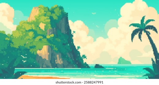 Tropical paradise pixel art beach scene with palm trees and ocean view for retro game design