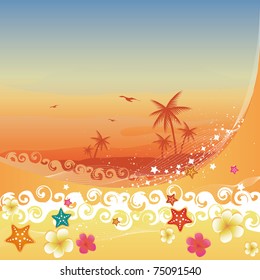 Tropical Paradise. Plumerias, starfishes and waves crashing on sand.