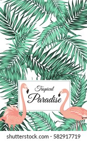Tropical paradise poster card template. Pink flamingo birds, green tropical palm tree leaves. Border frame with text placeholder. Vector design illustration.