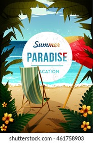 Tropical paradise poster. Seaside view with an umbrella, beach chair. Summer vacation concept background. Vector. 