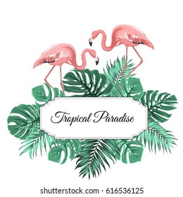 Tropical paradise promotion sale banner horizontal border frame template. Decorated with exotic rain forest jungle palm tree monstera green leaves and couple of pink flamingo birds. Text placeholder.