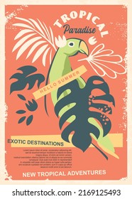 Tropical Paradise Promotional Travel Poster With Green Amazon Parrot And Leaves And Plants Graphics. Exotic Summer Destinations Vintage Flyer. Bird Vector Illustration.