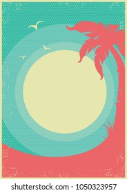 Tropical paradise retro poster background with palms and sun for text
