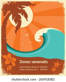 Tropical paradise retro poster background with sea and palm on old paper texture