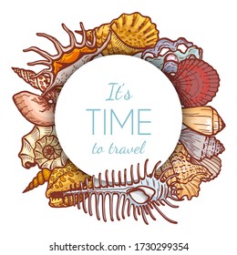 Tropical paradise round concept sea shell icon, business text placement isolated on white, cartoon vector illustration. Its time to travel holiday slogan, ocean flora fauna seaside wildlife.