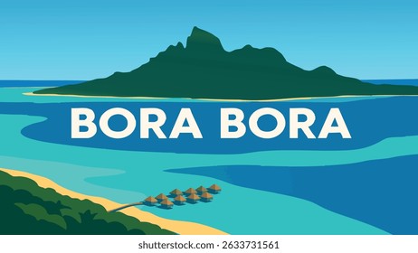 Uma cena paradisíaca tropical de Bora Bora, com águas turquesas intocadas e palmeiras. Este vetor evoca o destino final de férias com suas águas calmas e claras e atmosfera relaxante.