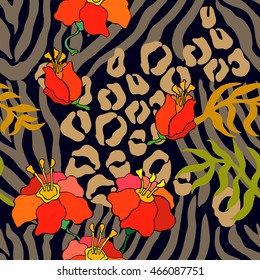 Tropical paradise seamless pattern. Animal print with palm leaves and exotic flowers. Ethnic textile collection. Colorful on black.