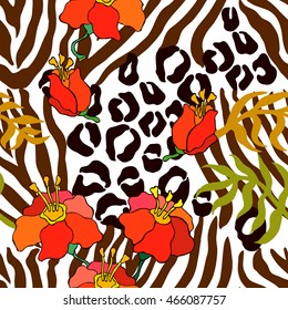 Tropical paradise seamless pattern. Animal print with palm leaves and exotic flowers. Ethnic textile collection. Colorful on white.