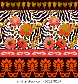 Tropical paradise seamless pattern. Animal print with palm leaves and exotic flowers, ancient geometrical borders. Ethnic textile collection. Colorful on white.