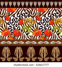 Tropical paradise seamless pattern. Animal print with palm leaves and exotic flowers, ancient geometrical borders. Ethnic textile collection. Brown, white.