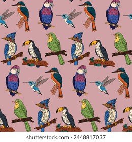 Tropical Paradise  Seamless Pattern with Colorful Birds