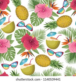 Tropical paradise is a seamless pattern. Pineapples, coconuts and tropical flowers wallpaper. Tropical wallpaper. Summer Holiday print design. Flowers vecor