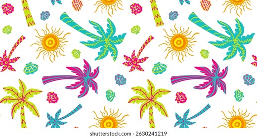 tropical paradise seamless pattern - vibrant summer beach vibe, hand-drawn palm trees, suns, shells, holiday repeat background, bright joyful print
