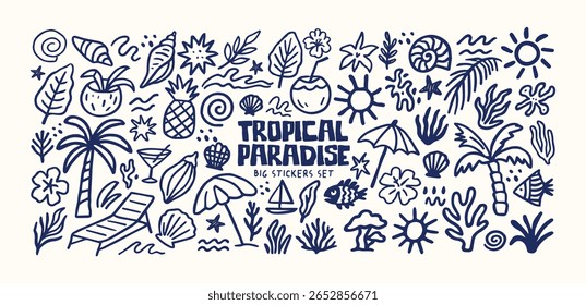 Tropical paradise shapes in retro cartoon style. Summer beach elements: palm trees, coconuts, sun, shells, fish, umbrellas, lounge chairs and leaves. Illustration in linear style, trendy stickers