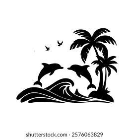 Tropical paradise silhouette illustration featuring two playful dolphins leaping gracefully above stylized ocean waves