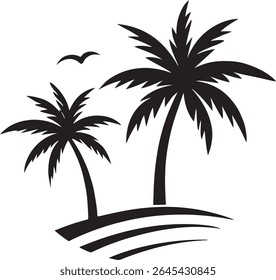 Tropical Paradise Silhouette of Palm Trees and Bird Flying By