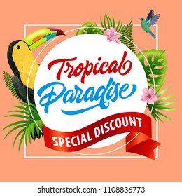 Tropical paradise, special discount flyer design with pink blossoms, red ribbon, leaves and tropical birds on coral background. Text on white circle can be used for signs, labels, posters