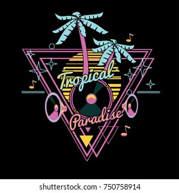 Tropical paradise - 80’s style neon colored emblem