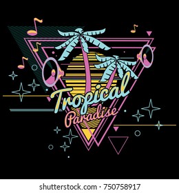 Tropical paradise - 80’s style neon colored emblem