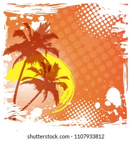 TROPICAL PARADISE SUNSET GRADIENT BACKGROUND. PALM TREE IN HALFTONE PAINTED DESIGN. SUMMER FEELING ILLUSTRATION.