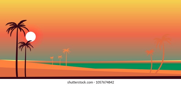 tropical paradise, sunset over the icean beach with palm trees and sand. vector seascape illustration