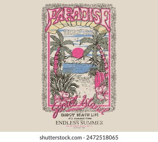 Tropical paradise. Sunshine beach summer time, sunshine vector print design artwork, surf club, Beach Paradise Print T-shirt Graphics Design, typography slogan on palm trees background. 