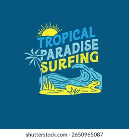 Projeto gráfico vetorial de surfe no paraíso tropical