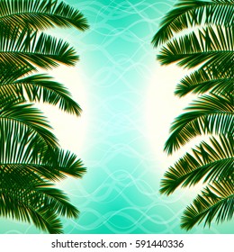 Tropical Paradise top view beach Golden sand for travel and ticket sales. Green palm leaves template isolated blue lagoon background. Summer vector abstract illustration. Realistic picture.