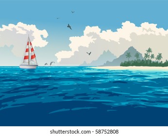 Tropical paradise. Turquoise ocean, tropical island, palm trees, white sand beach, yacht, seagulls, dolphins