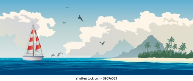 Tropical paradise. Turquoise ocean, tropical island, palm trees, white sand beach, yacht, seagulls, dolphins