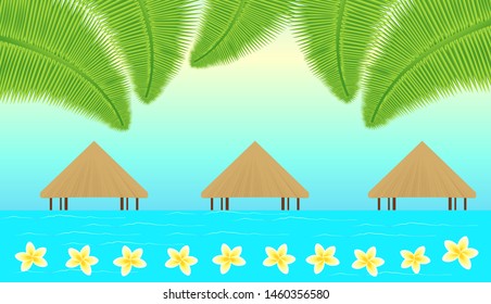 Tropical paradise vector background with palm leaves and beautiful seascape